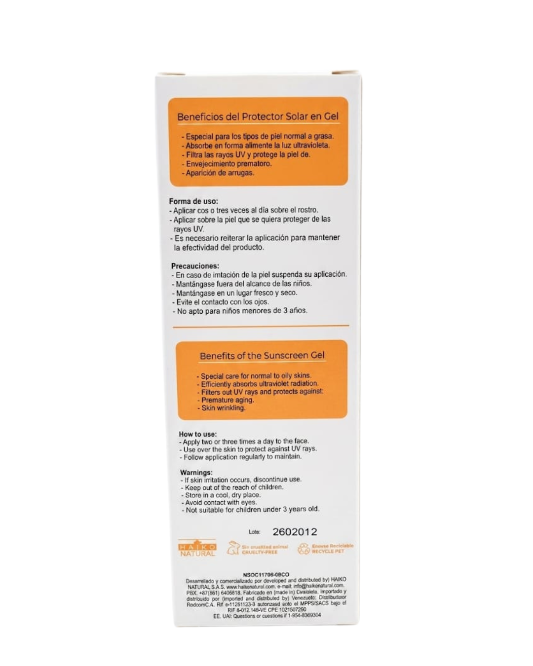 Protector solar EN GEL con extracto de caléndula - HAIKO